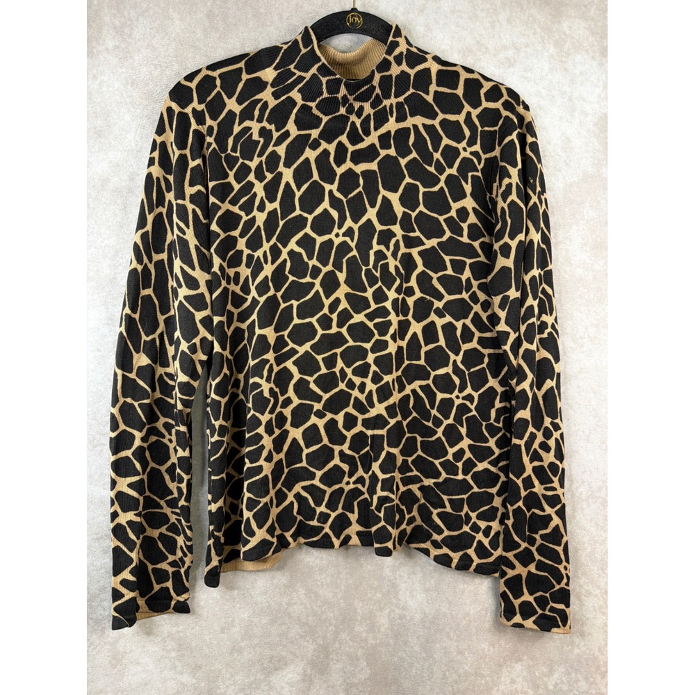 Nina Leonard Sweater Women Large Tan Giraffe Print Silk Blend Mock Neck Pullover